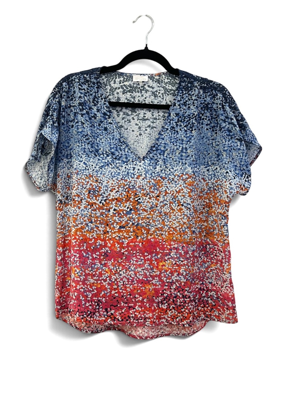 ECRU NWOT 100% Silk Abstract Ombre Dot Print V-Neck Top Blue Orange Pink XS